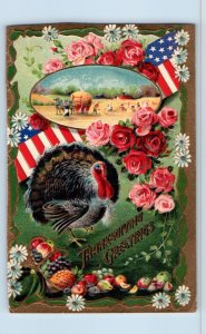 Thanksgiving Postcard Greetings Turkey And Roses Flowers Wheat Farm Embossed