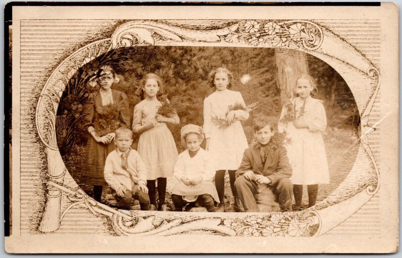 Five Young Girls and Two Young Boys Sit with Scavenged Pine - Vintage Postcard