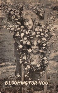 RPPC GIRLS FLOWERS BLOOMING FOR YOU LOCKPORT NEW YORK REAL PHOTO POSTCARD 1912