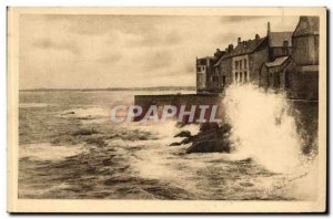 Old Postcard Cote d'Emeraude St Malo Ramparts one day storm