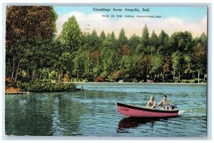 1948 Greetings From Ideal Vacationland Motorboat Angola Indiana Vintage Postcard