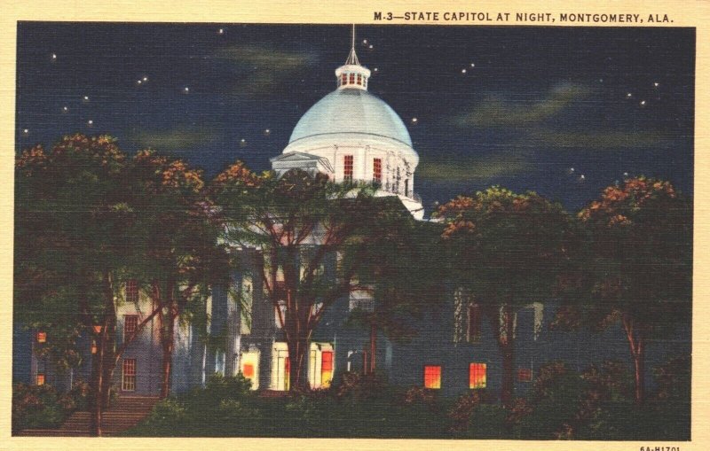 USA State Capitol At Night Montgomery Alabama Linen Postcard 05.41