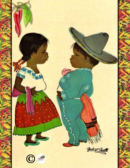 Hispanic Girl and Hispanic Boy on background of Oilette Hot Peppers Pattern