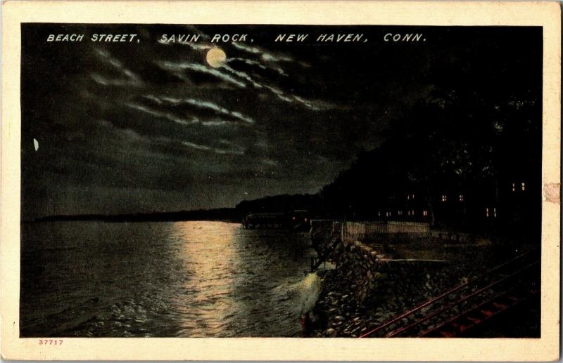 Beach Street in Moonlight at Savin Rock Park New Haven CT Vintage Postcard O20