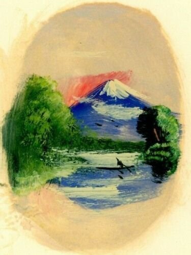 Japanese Hand Painted Christmas New Year Card Cord Water Mountain Church VTG JG3 