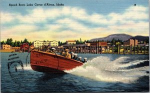 Vtg 1940s Speed Boat on Lake Coeur d'Alene Idaho ID Linen Postcard