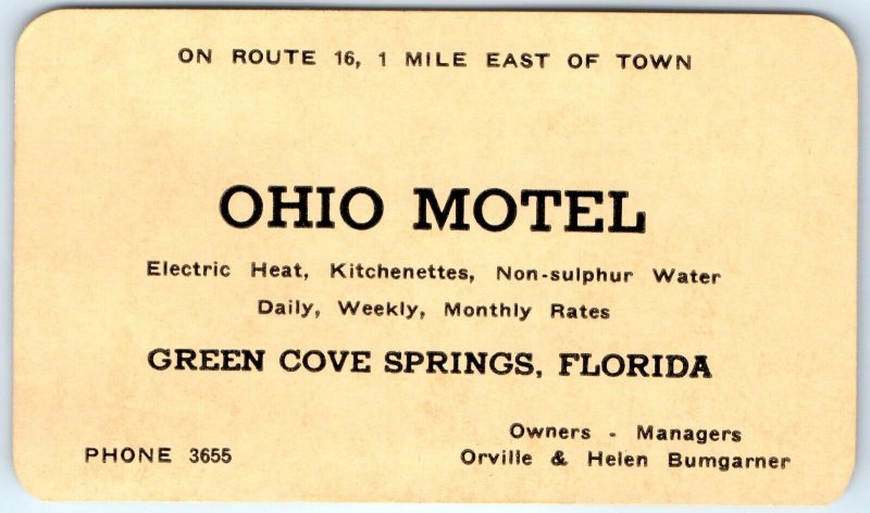 c1960s Green Cove Springs, FL Ohio Motel Business Card Advertising Trade Fla C44