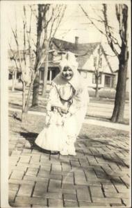 Little Girl on Sidewalk w/ Her Doll c1910 Real Photo Postcard
