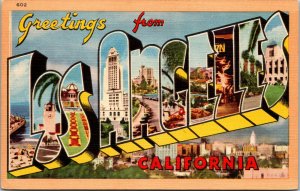 Vtg 1940s Greetings From Los Angeles Large Letter Unused Linen Postcard