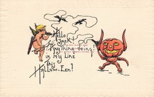 Halloween, Leubrie & Elkus No 7010-9, Cupid and Jack o Lantern Talk on Telephone