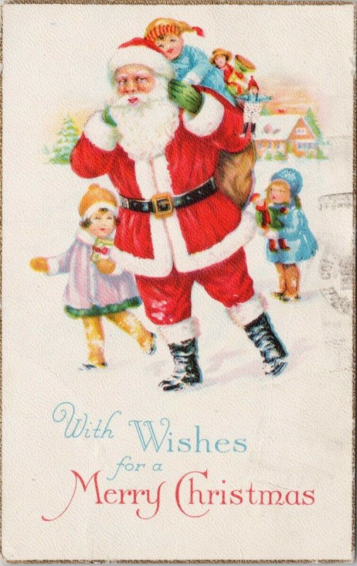 Wishes for a Merry Christmas Santa Claus Children Series 2028 Postcard G33