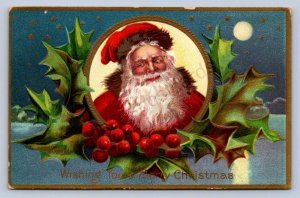 K10/ Santa Claus Christmas Postcard c1910 Brown-Lined Suit Holly 345