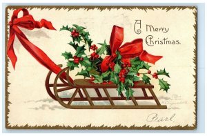 1907 Merry Christmas Holly Berries Ribbon Ellen Clapsaddle Embossed Postcard