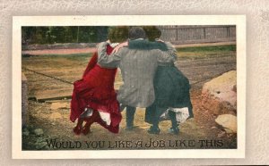 Vintage Postcard 1913 Would You Like A Job Like This Two Women and Man Back View