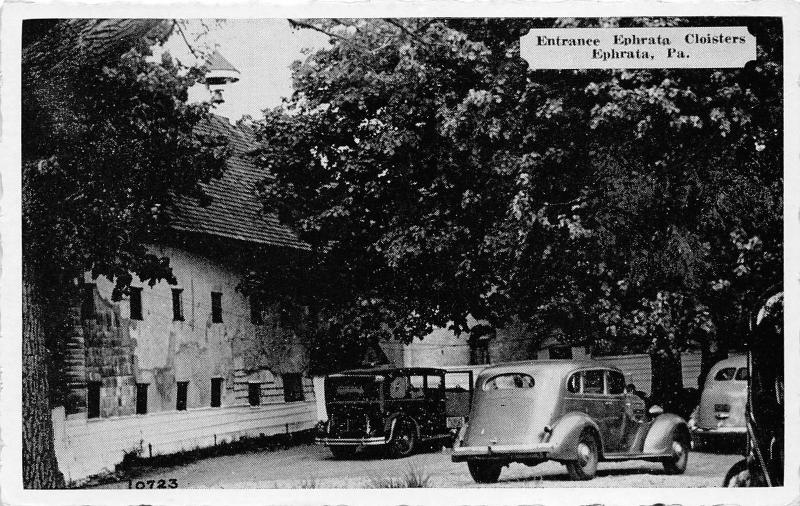 Ephrata Pennsylvania~Ephrata Cloisters Entrance~Parked Cars~1940s Postcard