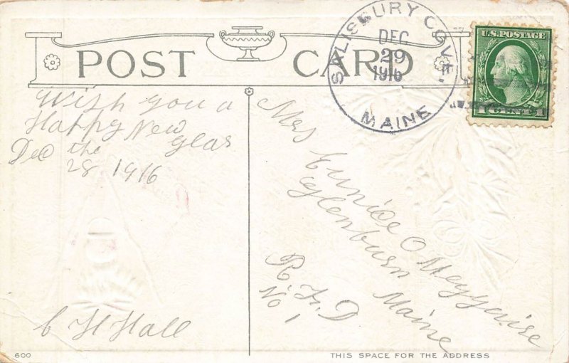 Vintage 1916 Embossed New Year Greetings Postcard with Campfire Scene