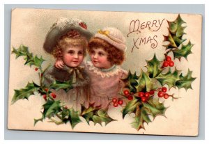Vintage 1908 Christmas Postcard Cute Girls Mistletoe Holly Berries Nice Card