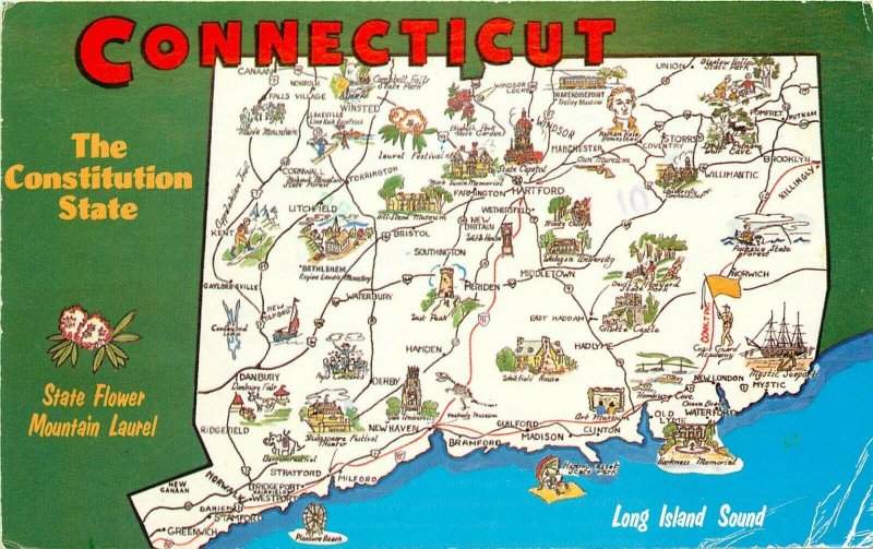 Connecticut Constitution State Map pm 1978 CT Postcard
