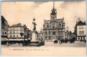 c1900s Compiegne France Hotel de Ville Square Statue Carriages Gothic Tower A356