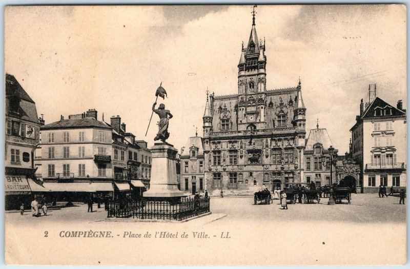 c1900s Compiegne France Hotel de Ville Square Statue Carriages Gothic Tower A356