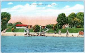 PORTAGE, Wisconsin  WI    SILVER LAKE BEACH  ca 1940s Linen  Postcard