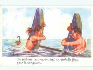 Old Foreign Postcard Risque signed BIKINI WOMAN & OVERTURNED CATAMARAN AB7232@