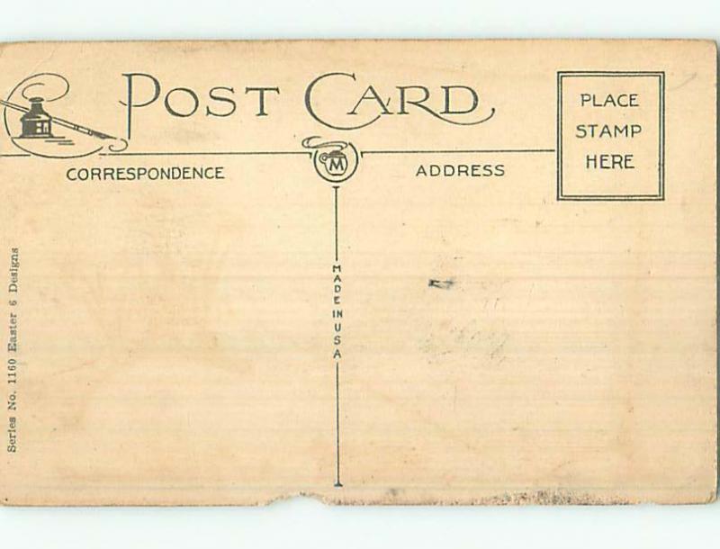 Chipped 1920's Easter BUNNY RABBIT SITS BY THE COLORED EGGS o6054