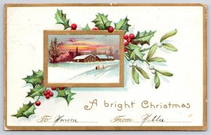 1911 A Bright Christmas Leaves Landscape Sunset Home Winter Greetings Postcard 