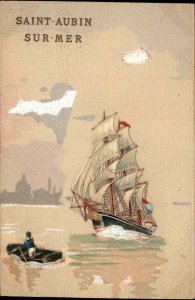 Saint-Aubin Sur Mer C�te de Beaune Schooner Sailing Ship NICE ART c1910 Postcard