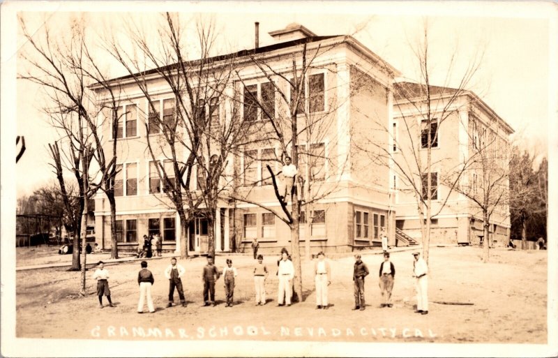 Real Photo Postcard Children Outside Grammar School in Nevada City, California