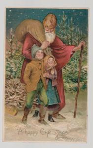 1900s Embossed Postcard Cover Christmas Santa Claus walking with children