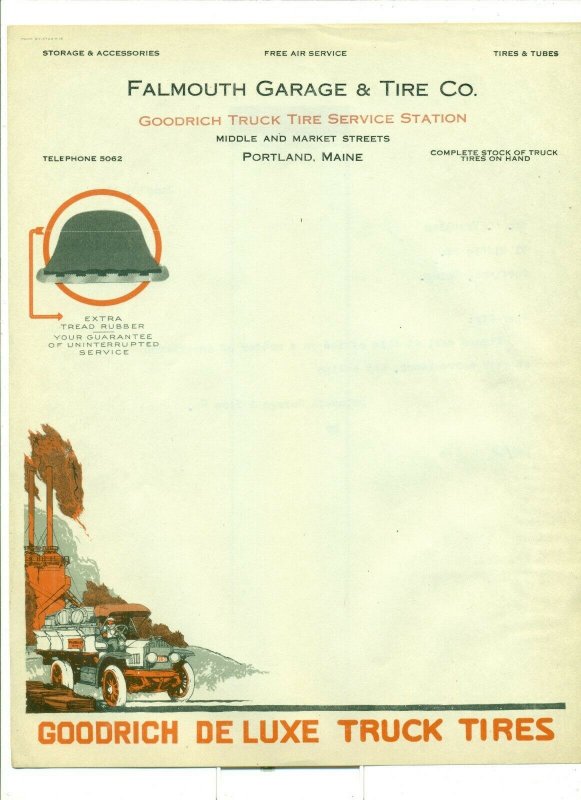 1919 Falmouth Garage & Tire Co. Maine to Mr. D. Tarshias Letter Head LH1. 