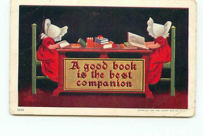 Postcard Good Book Best Companion Two Little Girls in Bonnets Ullman Mfg # 2280A