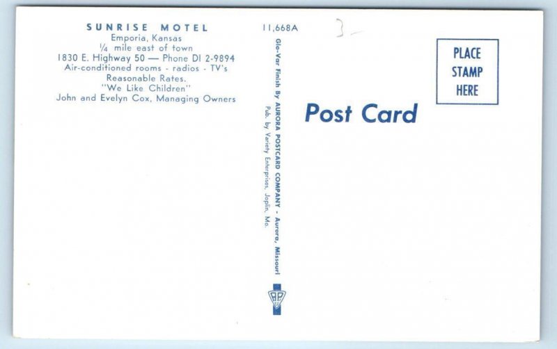 EMPORIA, KS Kansas ~ Roadside SUNRISE MOTEL c1950s Lyon County Postcard