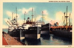 Texas Galveston Harbor Scene Showing Freighters At Dock Curteich