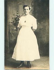 Pre-1918 rppc GIRL WITH BOW IN HAIR AND LONG WHITE DRESS r5849