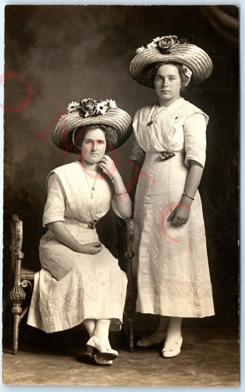 c1910s 2 Pretty Young Ladies Sun Hat RPPC White Dress Women Real Photo Girl A140