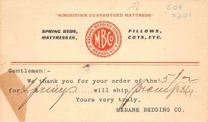 J92/ Mebane North Carolina Postcard c1910 Spring Beds Mattresses Pillow 383