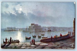 Malta Postcard The Grand Harbour Boat Sailing c1910 Oilette Tuck Art