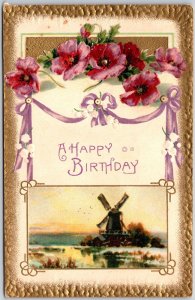 A Happy Birthday Flowers Landscape Windmill Violet Ribbon Postcard