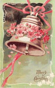 Holiday  MERRY CHRISTMAS   Embossed Bell & Pink Flowers    c1910s Postcard