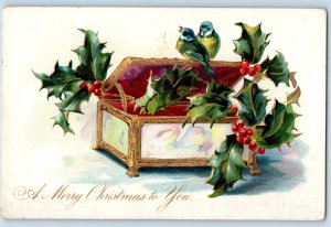 c1910's Christmas Song Birds And Holly Berries Box Embossed Tuck Postcard