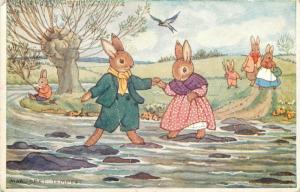 Stepping Stones by Margaret Tempest Antropomorphic Rabbits Couple light bendings