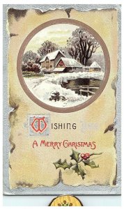 Wishing a Merry Christmas Vintage Christmas Embossed Postcard w/ Holly Snow