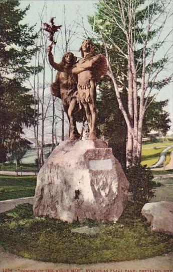 Oregon Portland Coming Of The White Man Statue In Plaza Park