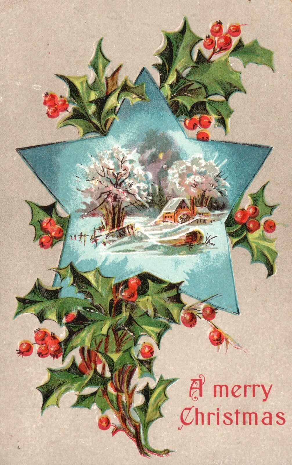 Vintage Postcard 1910 A Merry Christmas Greetings Star Winter Snow Holly Berries Other 8459