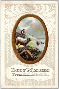 Best Wishes Gold Frame Sheep In Pastures Snowy Winter Posted Postcard