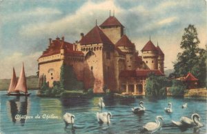 Switzerland navigation & sailing topic postcard Chillon swans sailing vessel