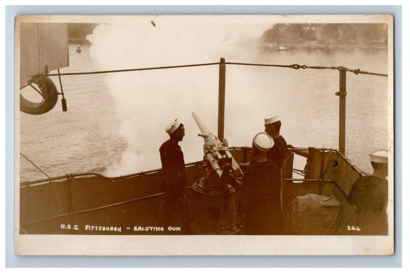 c1920's USS Pittsburg Saluting Gun US Navy Sailors RPPC Photo Vintage Postcard