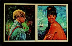 Morris Katz, Flower Generation, boy, young woman topless, oil painting Postcard